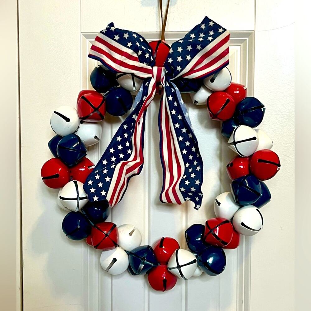 Patriotic Red White Blue Jingle Bells Door Wreath